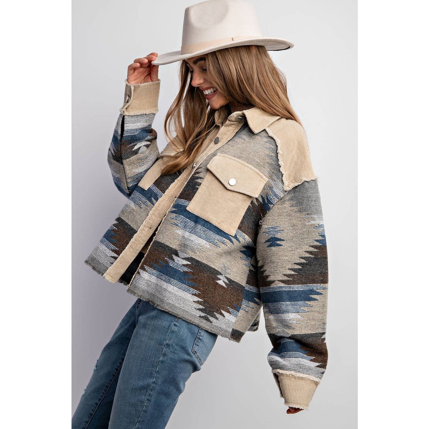 TRIBAL AZTEC PATTERN COLORBLOCK BUTTON DOWN SHIRT JACKET: Grey / S-M-L(2-2-2)