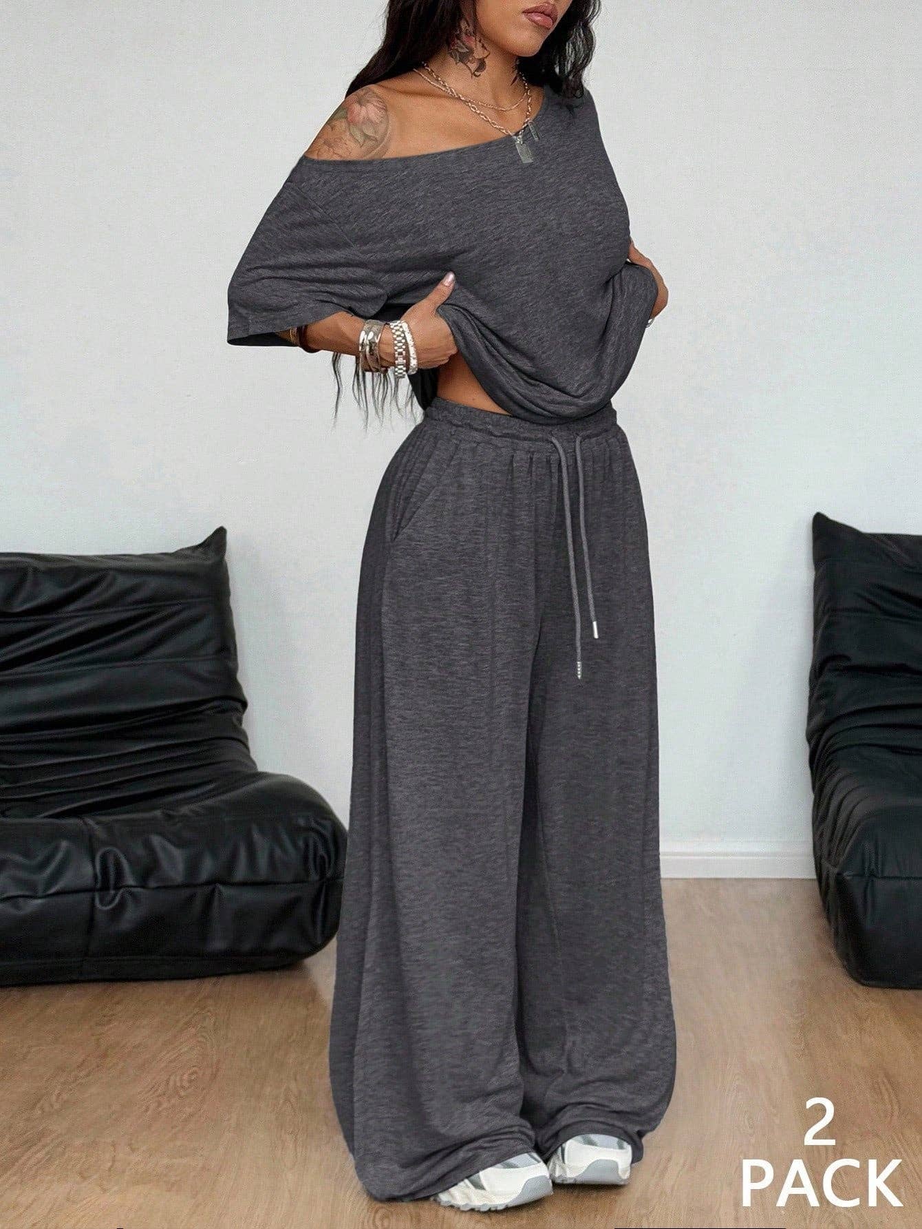 Asymmetric Neck Wide Leg Sportswear Two Piece Set: Dark brown / M