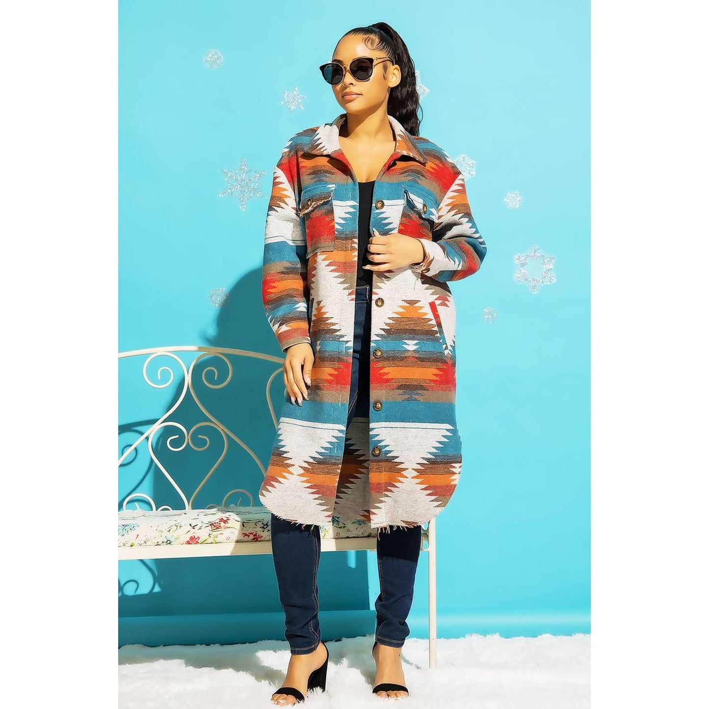LONG TRIBAL AZTEC BUTTON DOWN SHIRT JACKET SHACKET: Rust / Turquoise / S-M-L(2-2-2)