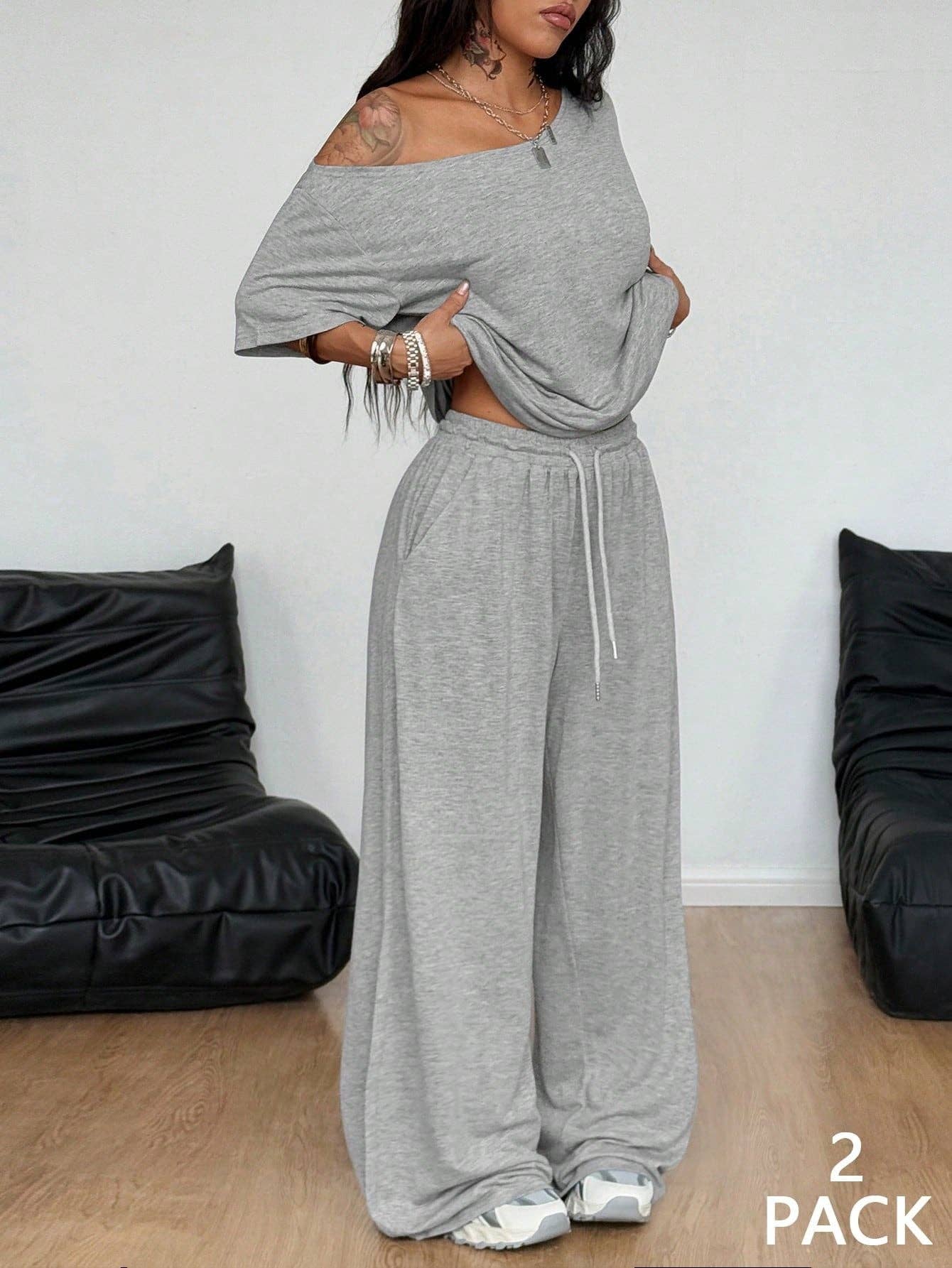 Asymmetric Neck Wide Leg Sportswear Two Piece Set: Dark gray / XL