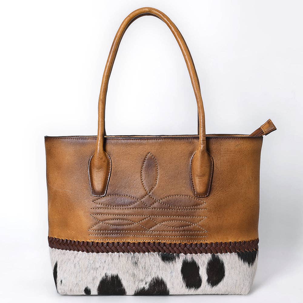 ADBGM526 Two-Tone Cowhide & Tooled Leather Tote - Western Handbag with Braided Trim: ADBGM526
