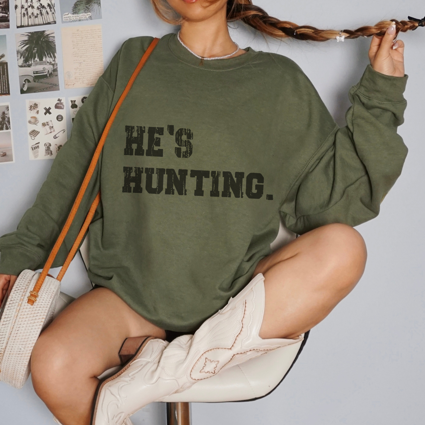 He's Hunting Funny Distressed Crewneck Sweatshirt: White / Large