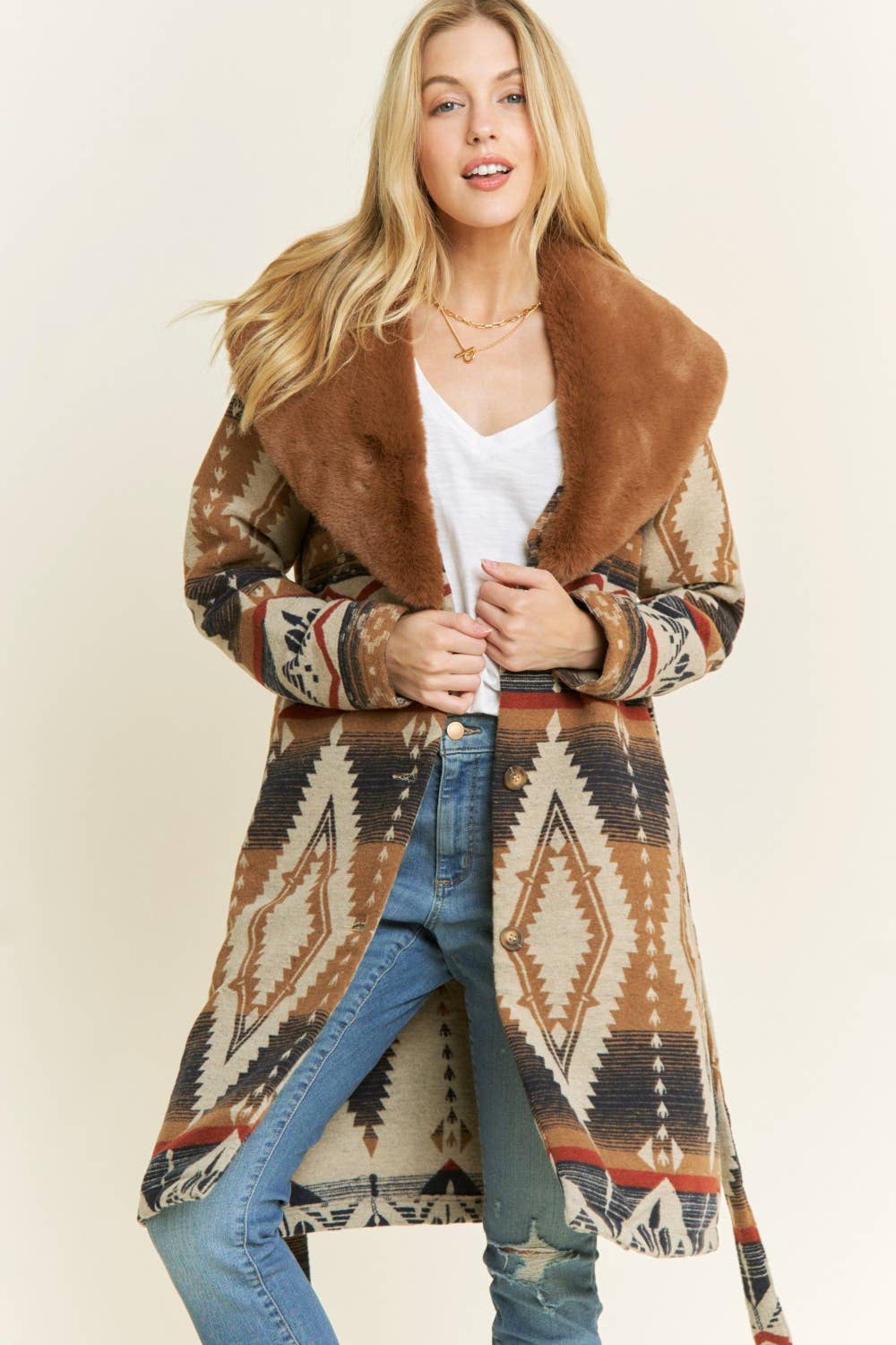 AZTEC JACKET SHACKET WITH CONTRAST FUR SHOWL COLLA: Navy / S-M-L(2-2-2)