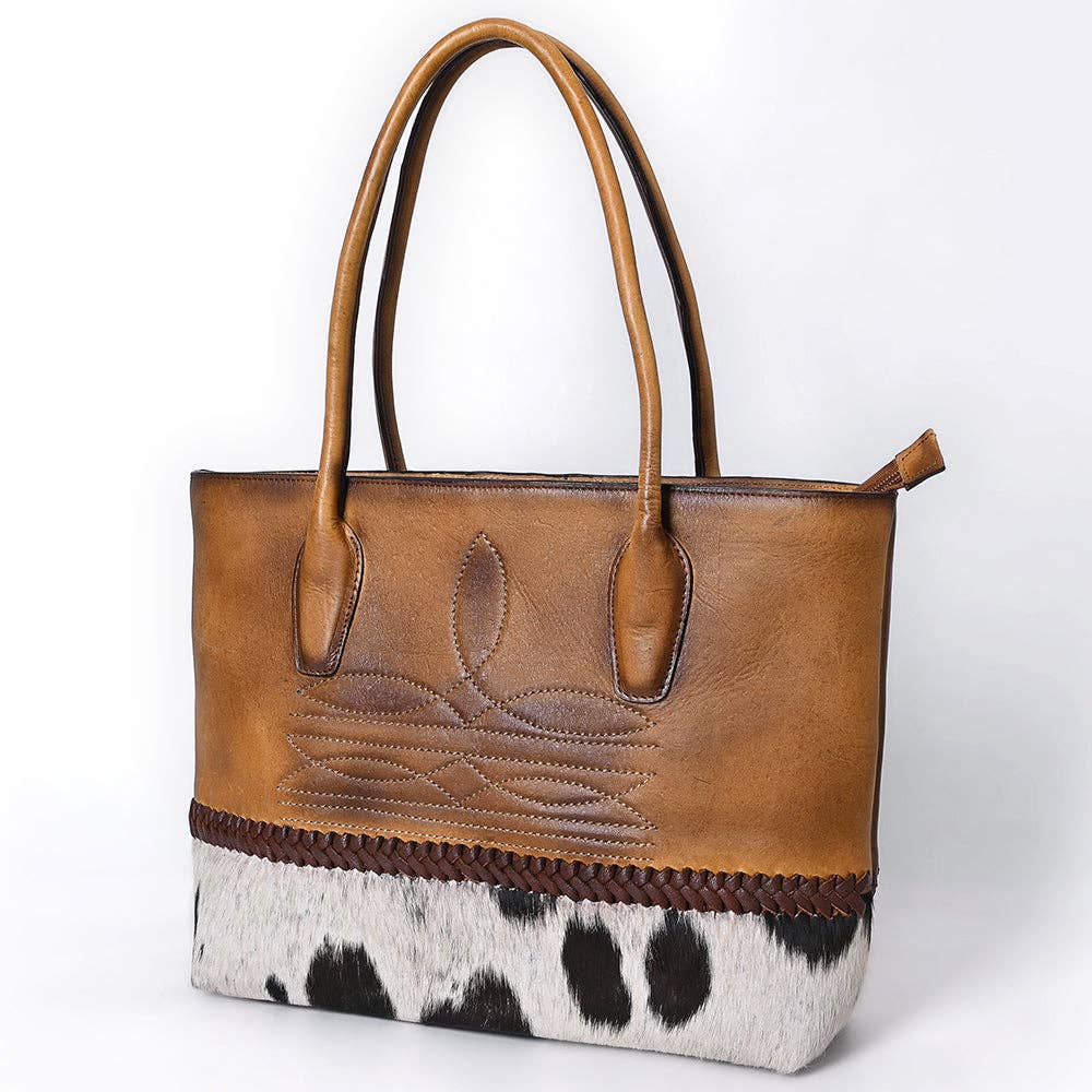 ADBGM526 Two-Tone Cowhide & Tooled Leather Tote - Western Handbag with Braided Trim: ADBGM526