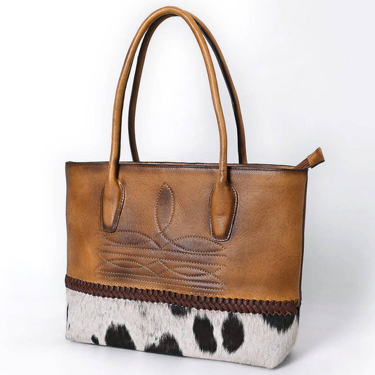 ADBGM526 Two-Tone Cowhide & Tooled Leather Tote - Western Handbag with Braided Trim: ADBGM526