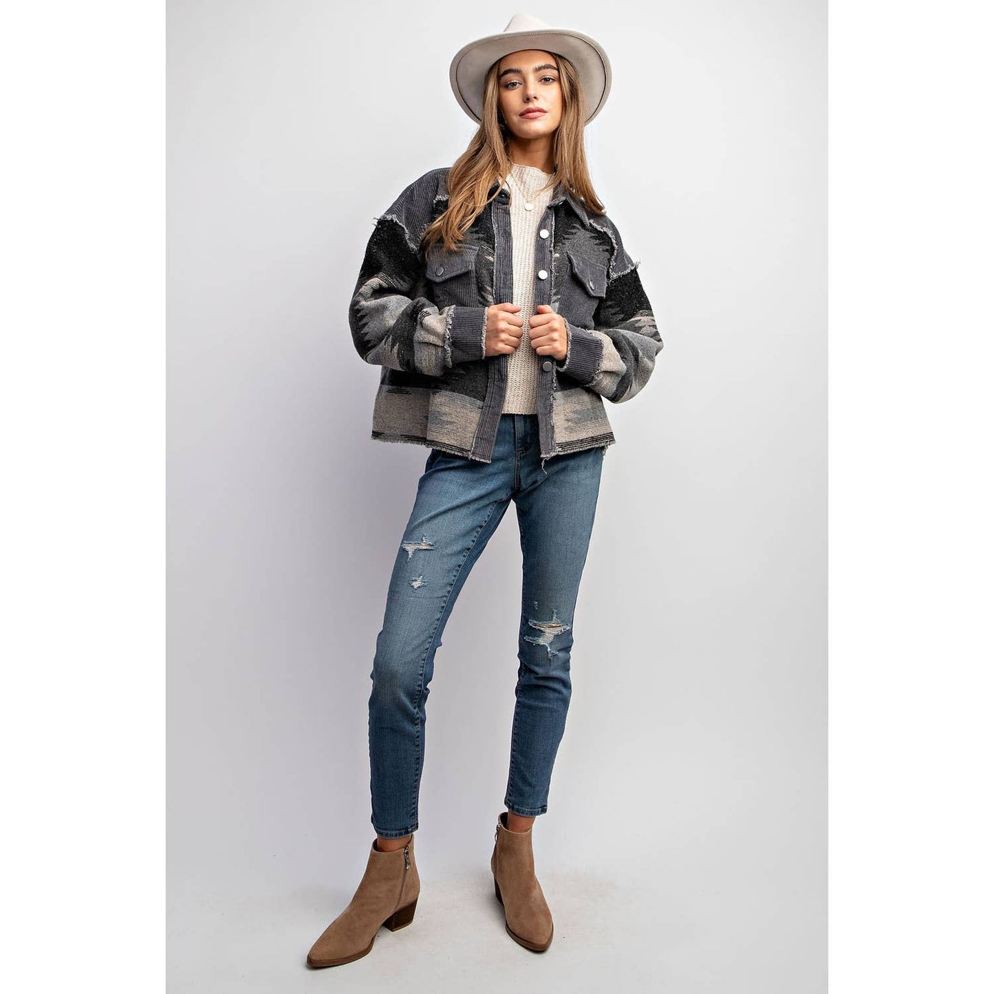 TRIBAL AZTEC PATTERN COLORBLOCK BUTTON DOWN SHIRT JACKET: Grey / S-M-L(2-2-2)