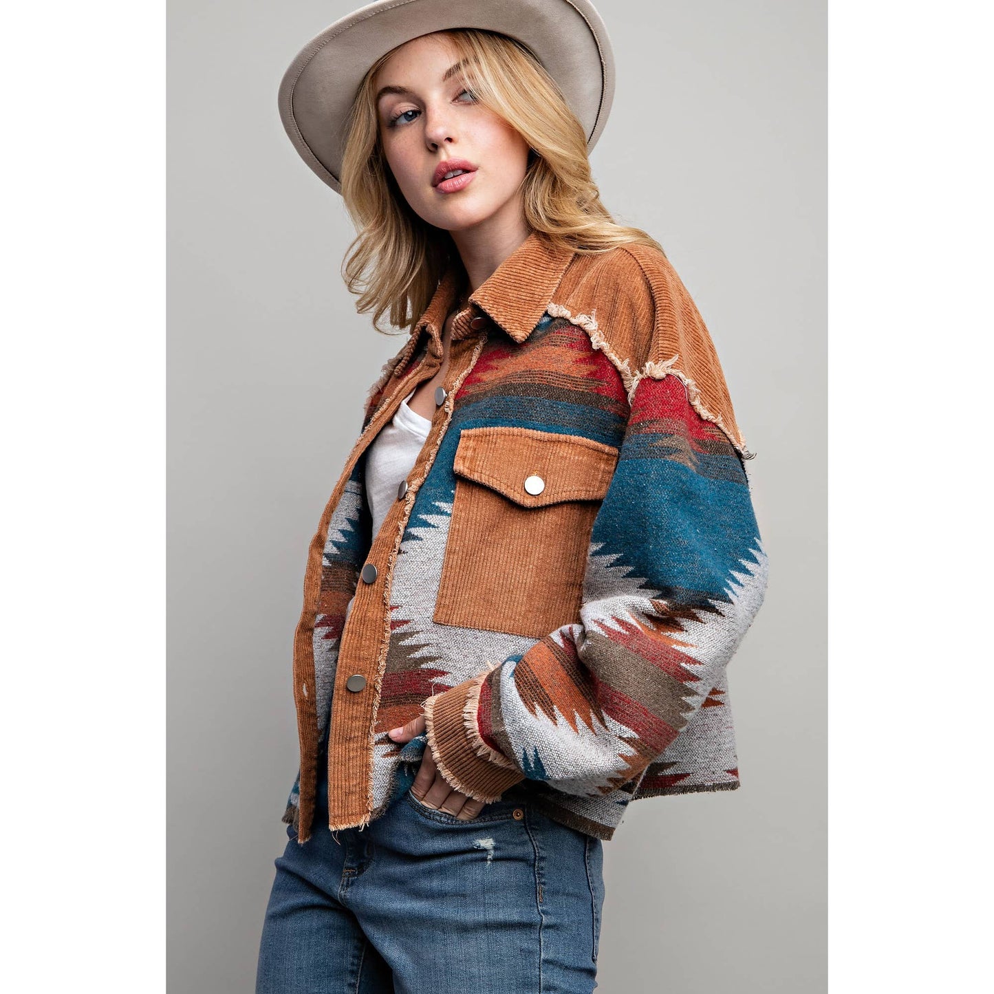 TRIBAL AZTEC PATTERN COLORBLOCK BUTTON DOWN SHIRT JACKET: Grey / S-M-L(2-2-2)