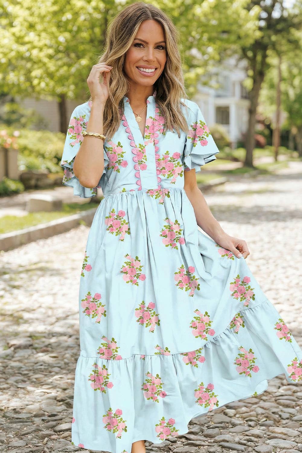 Floral Print V Neck Flutter Short Sleeve Maxi Dress | S-XL: Sky Blue / M