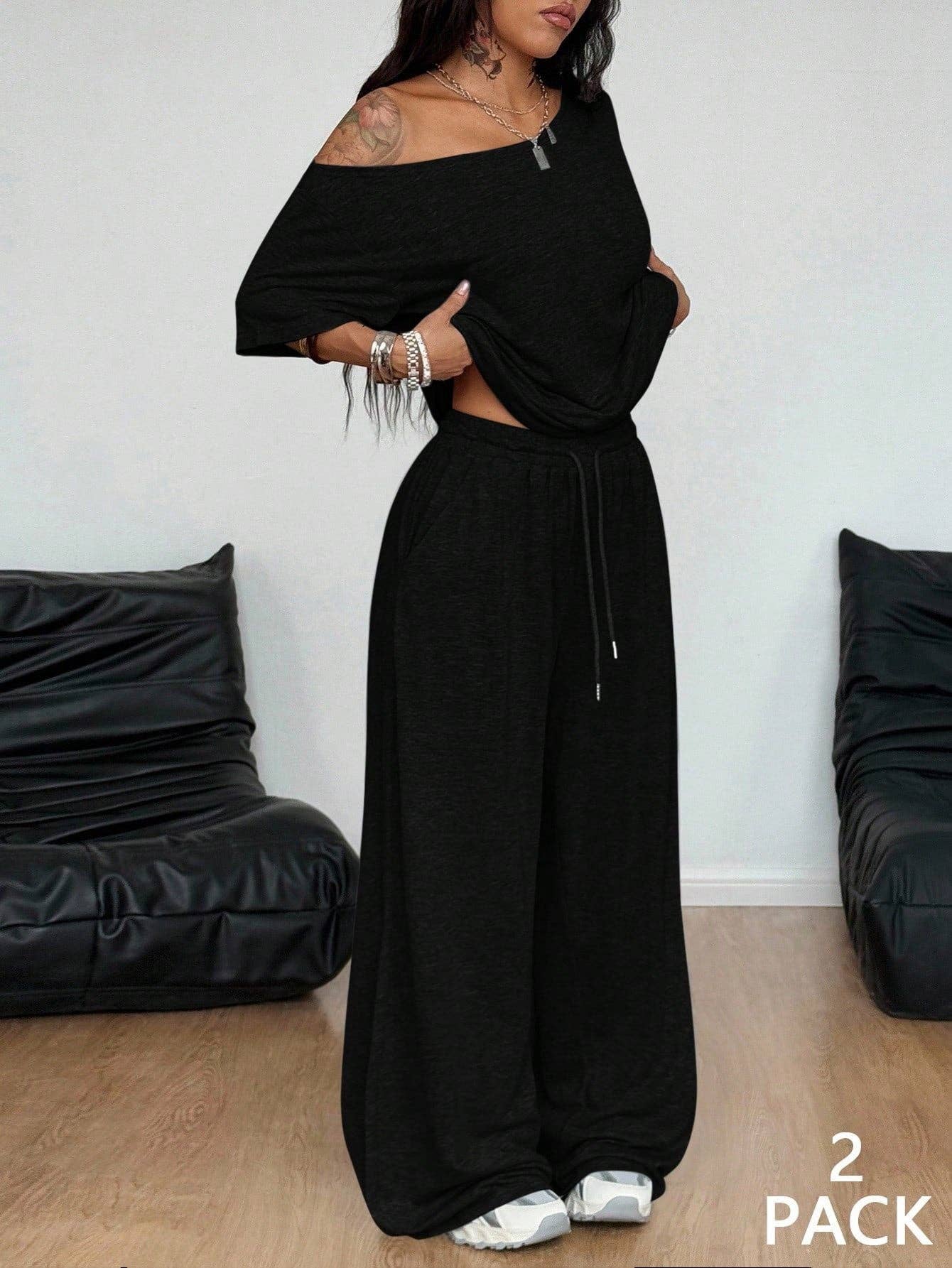 Asymmetric Neck Wide Leg Sportswear Two Piece Set: Dark gray / XL
