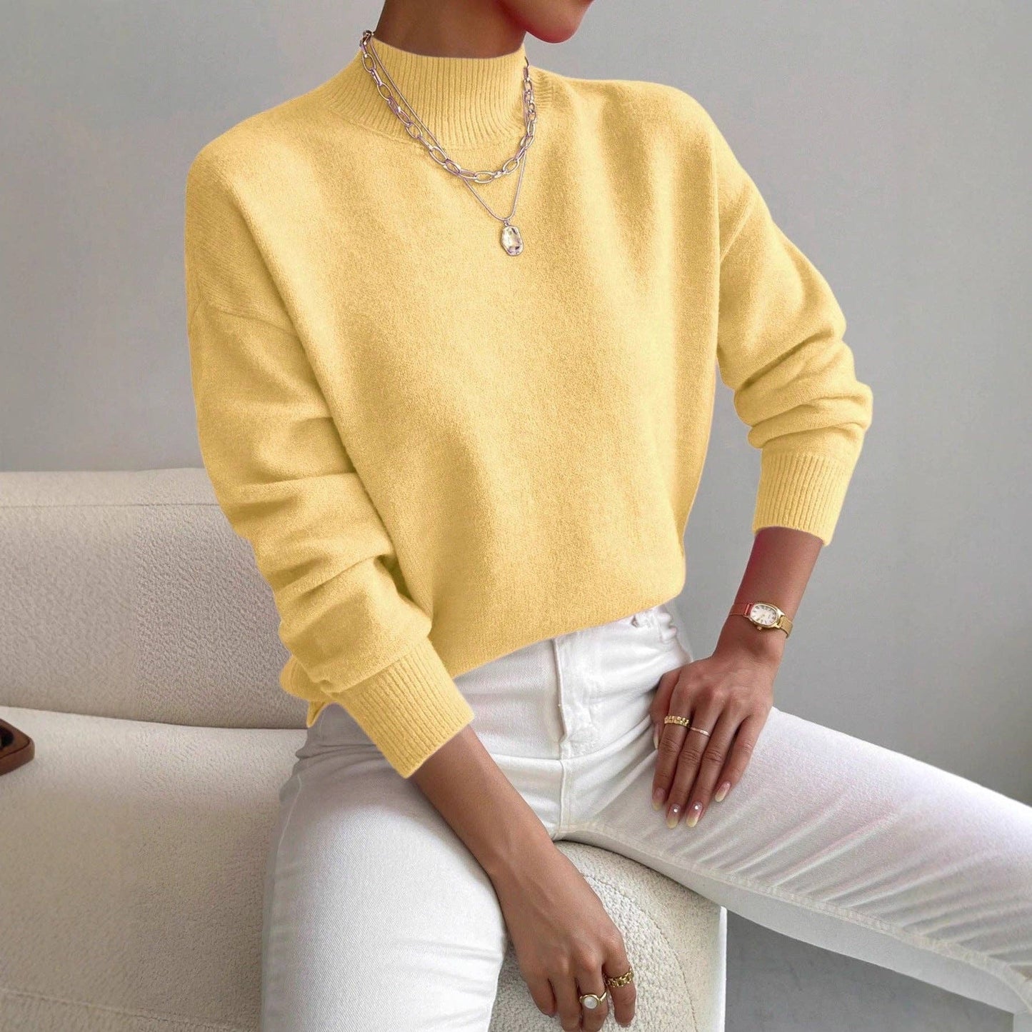 Women Mock Neck Long Sleeve Knit Sweater: Apricot / M