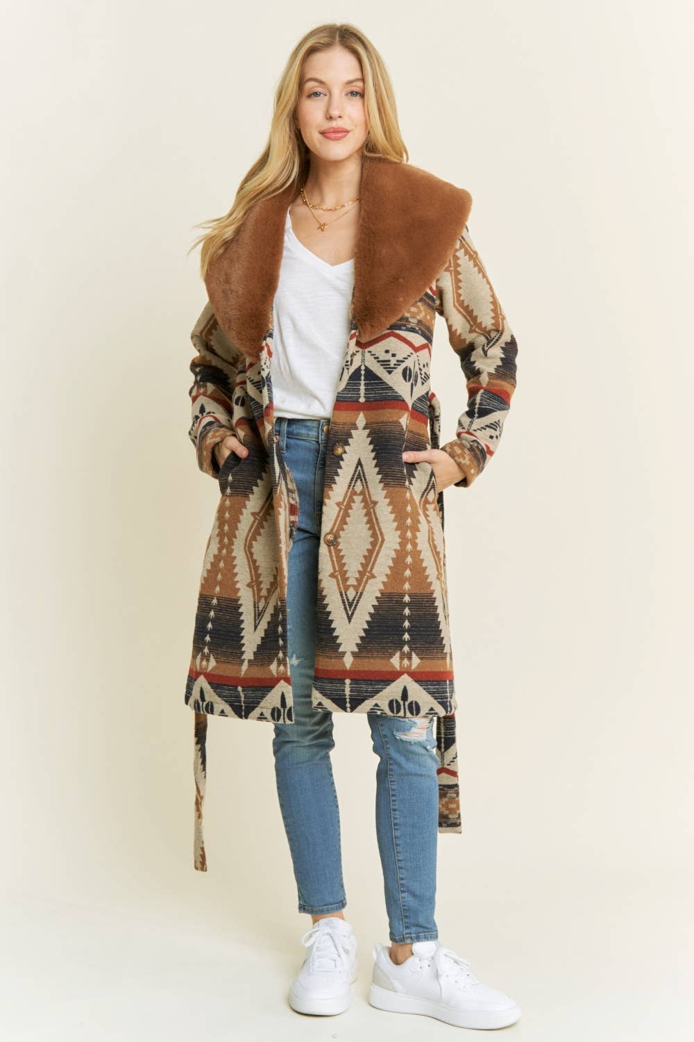 AZTEC JACKET SHACKET WITH CONTRAST FUR SHOWL COLLA: Navy / S-M-L(2-2-2)