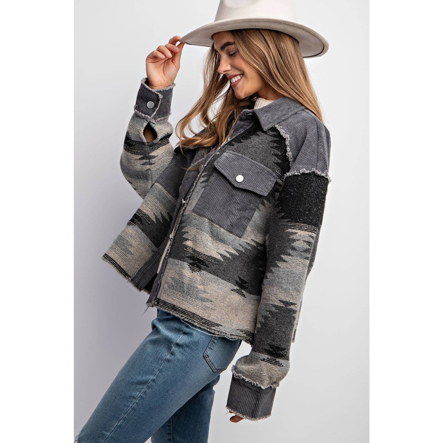 TRIBAL AZTEC PATTERN COLORBLOCK BUTTON DOWN SHIRT JACKET: Grey / S-M-L(2-2-2)