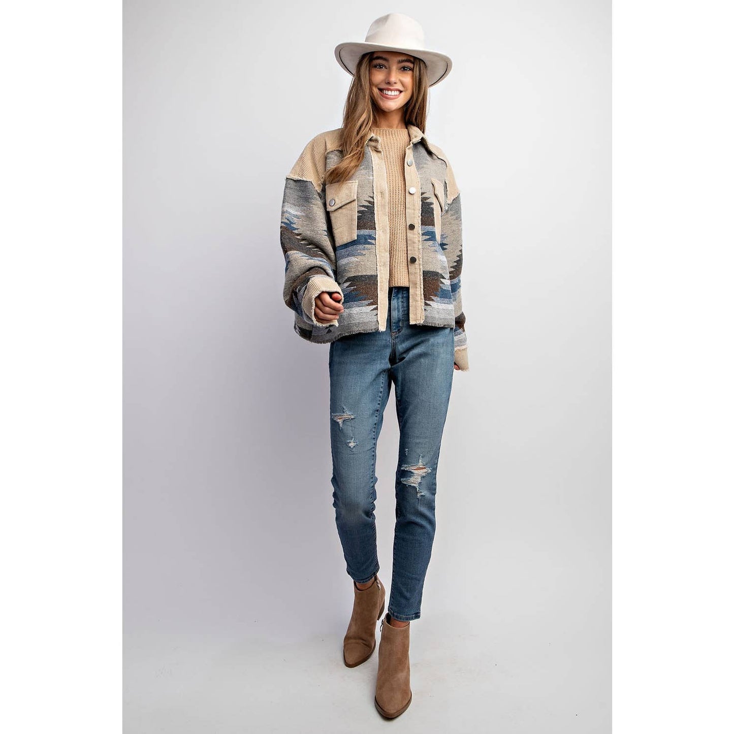 TRIBAL AZTEC PATTERN COLORBLOCK BUTTON DOWN SHIRT JACKET: Grey / S-M-L(2-2-2)