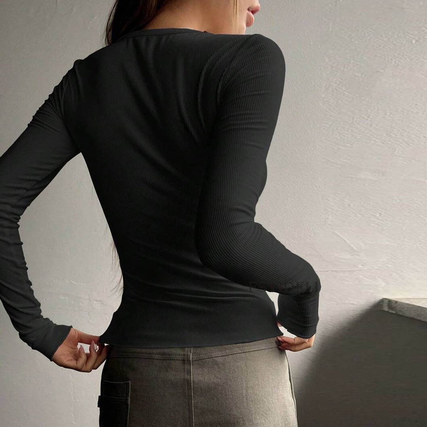 Single-Breasted Crewneck Long-Sleeved T-Shirt: Black / M