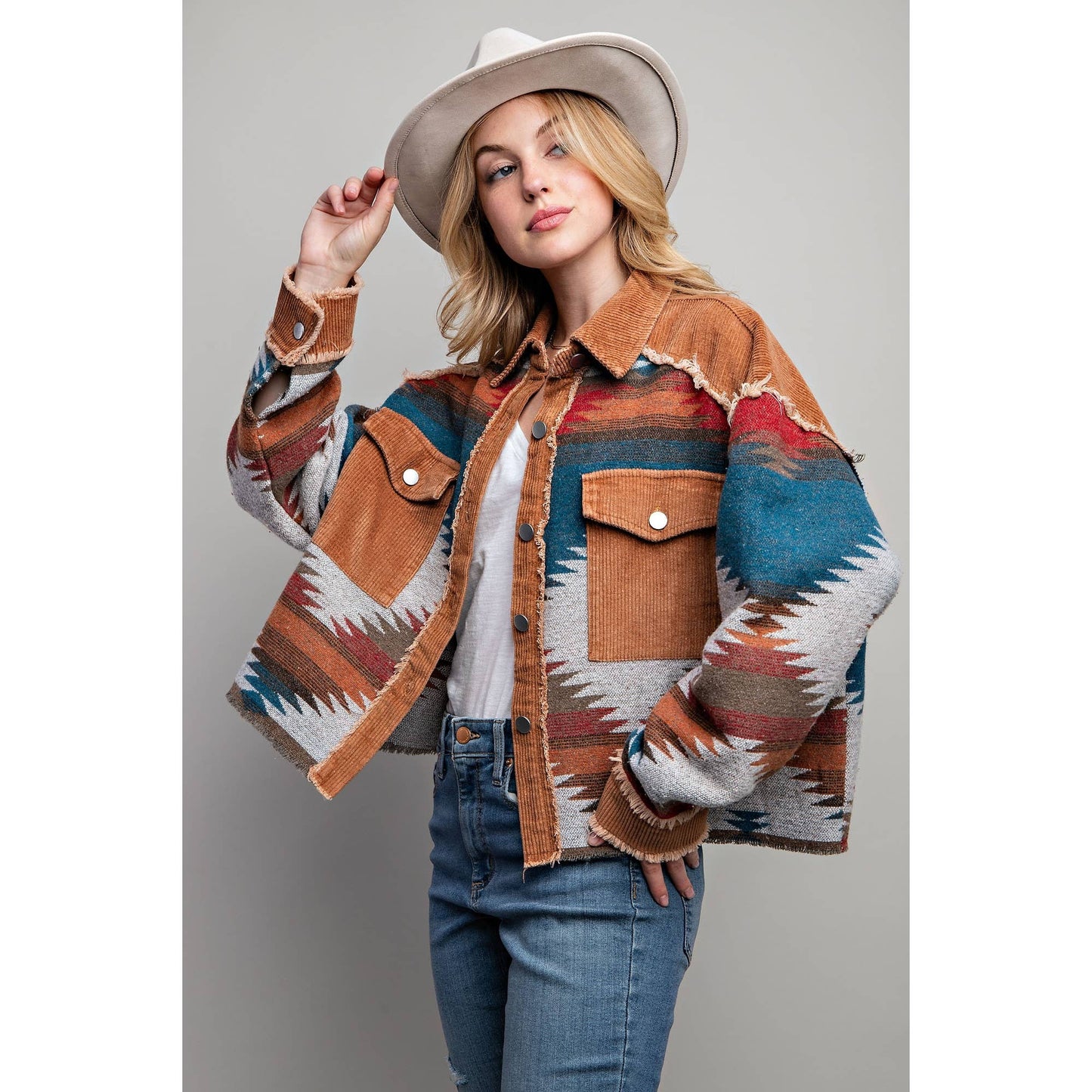 TRIBAL AZTEC PATTERN COLORBLOCK BUTTON DOWN SHIRT JACKET: Grey / S-M-L(2-2-2)