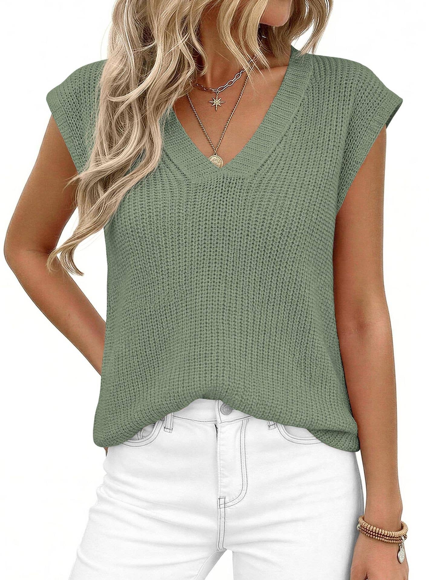 Slouchy V-Neck Casual Chunky Knit Top: Coffee / XL