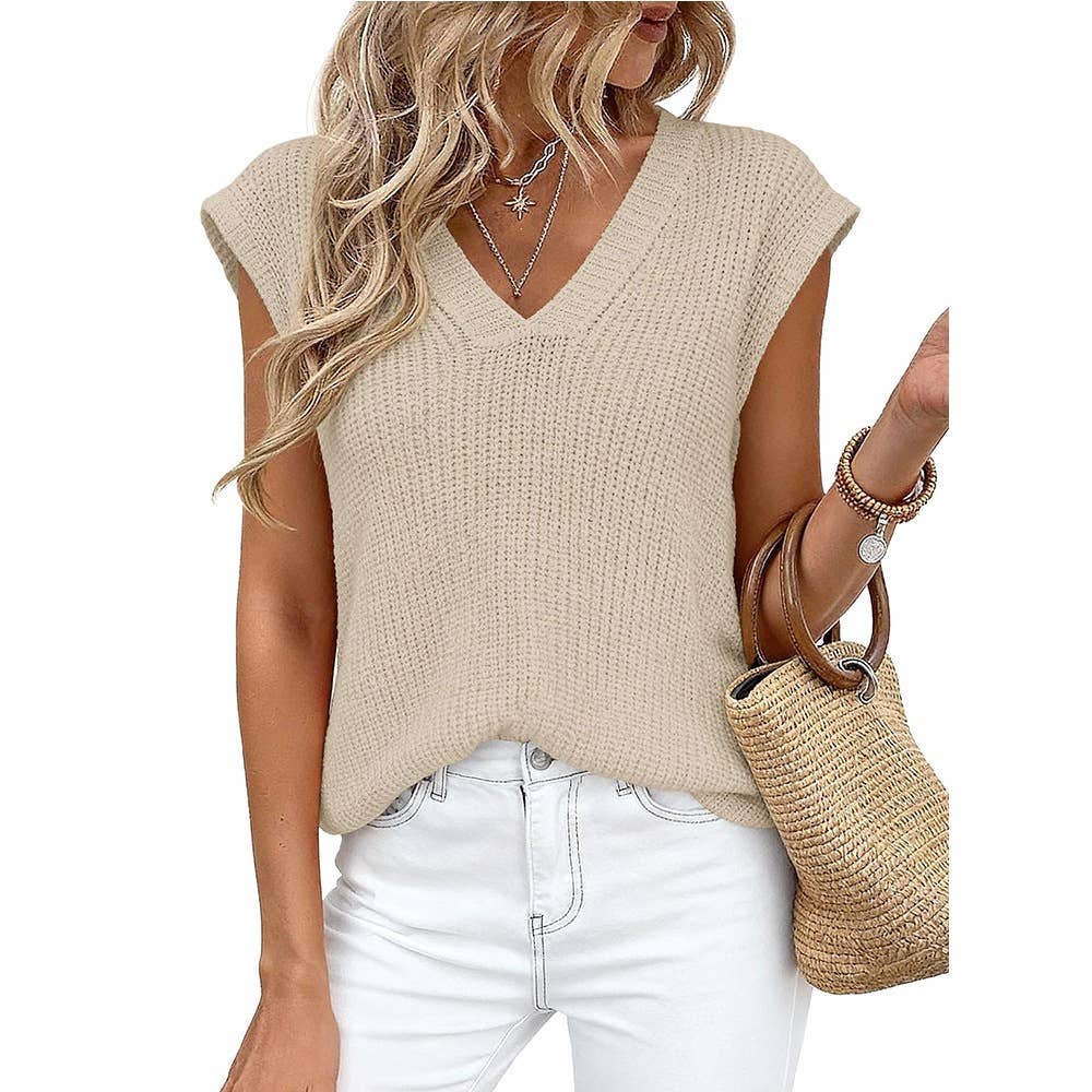 Slouchy V-Neck Casual Chunky Knit Top: Coffee / L