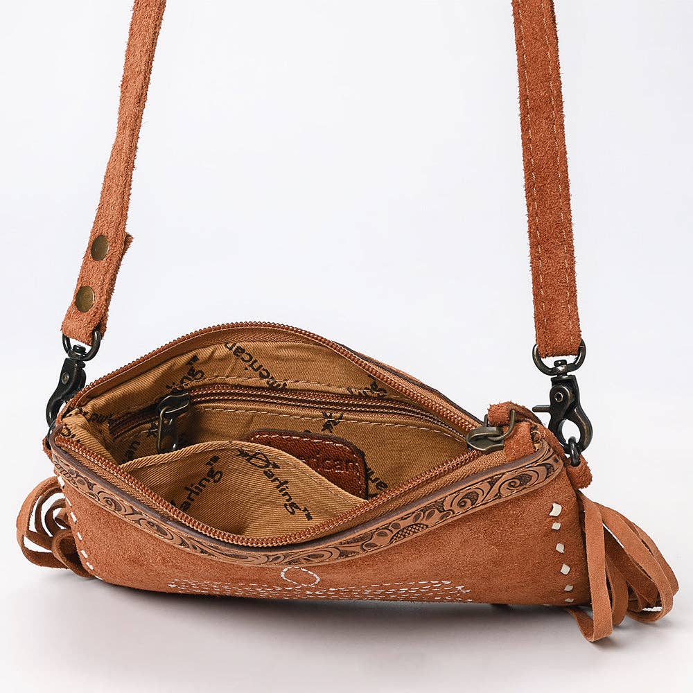 ADBG1662 American Darling Western Genuine Suede Leather Small Cross Body Bag with & Hand-Tooled Accents: ADBG1662
