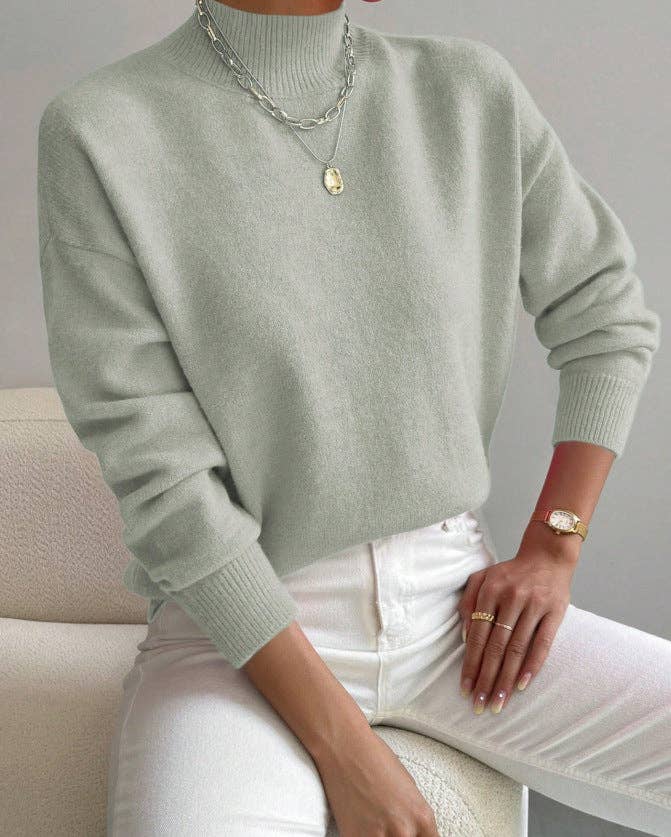 Women Mock Neck Long Sleeve Knit Sweater: Apricot / M