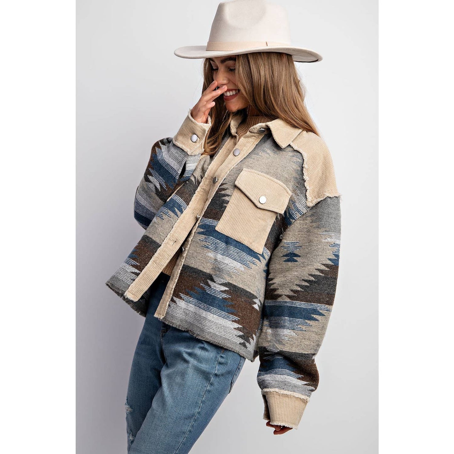 TRIBAL AZTEC PATTERN COLORBLOCK BUTTON DOWN SHIRT JACKET: Grey / S-M-L(2-2-2)