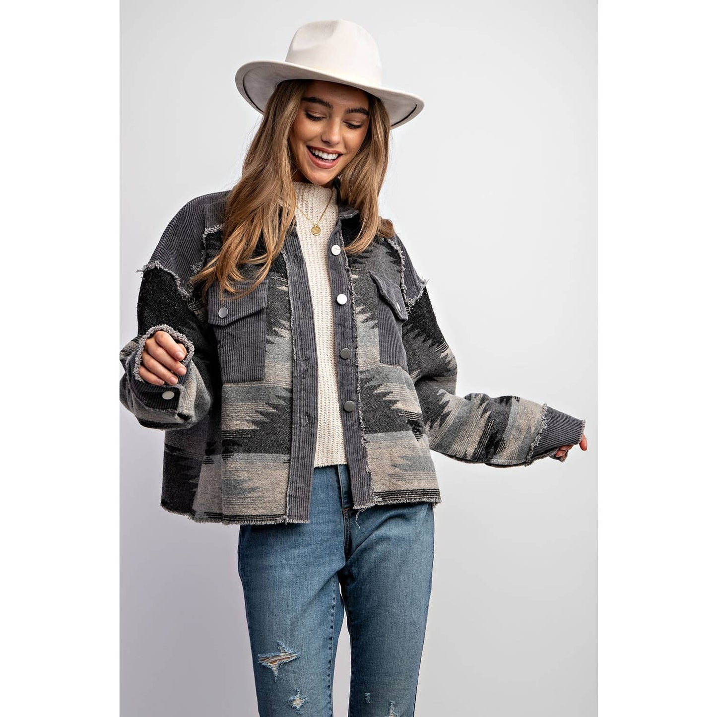 TRIBAL AZTEC PATTERN COLORBLOCK BUTTON DOWN SHIRT JACKET: Grey / S-M-L(2-2-2)