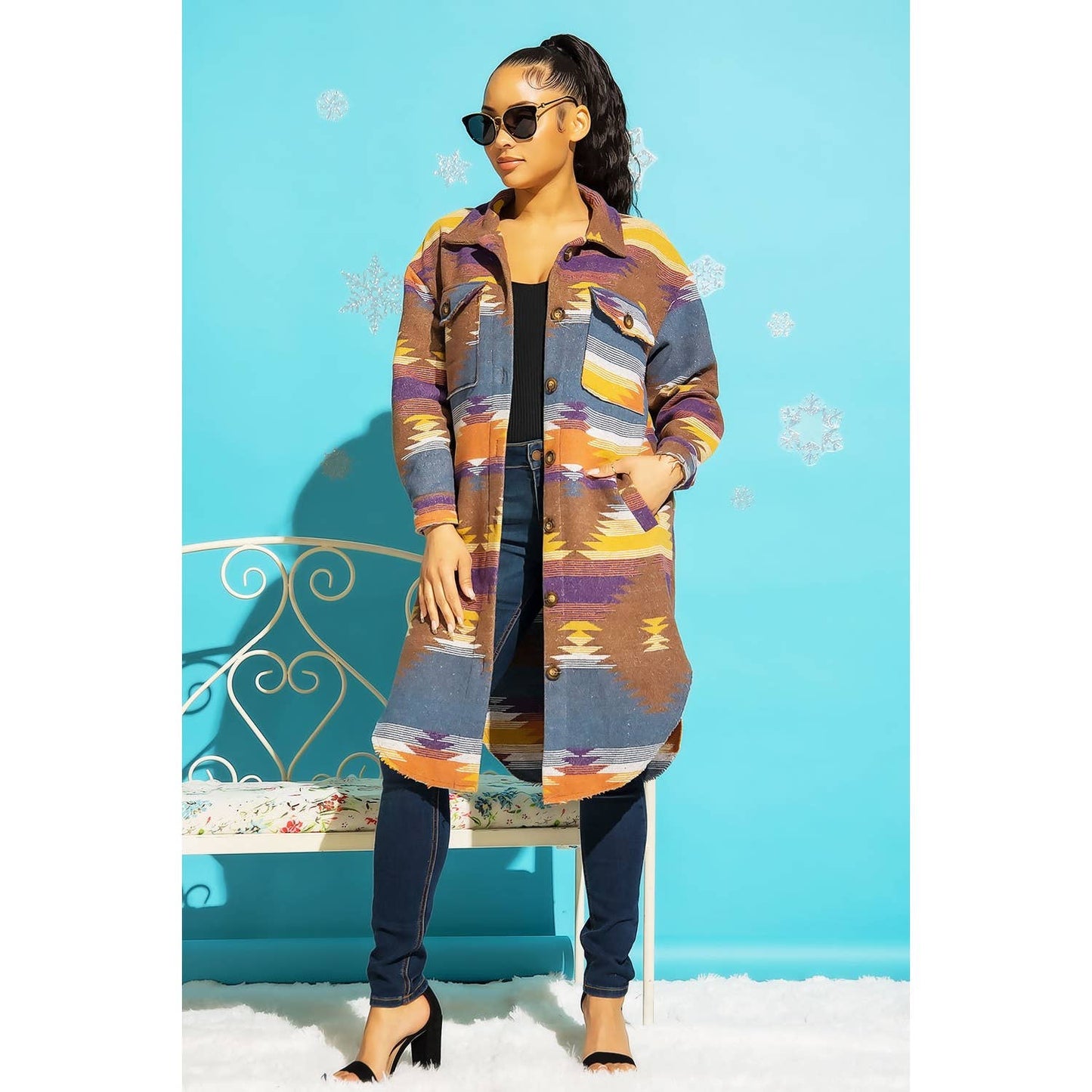 LONG TRIBAL AZTEC BUTTON DOWN SHIRT JACKET SHACKET: Rust / Turquoise / S-M-L(2-2-2)