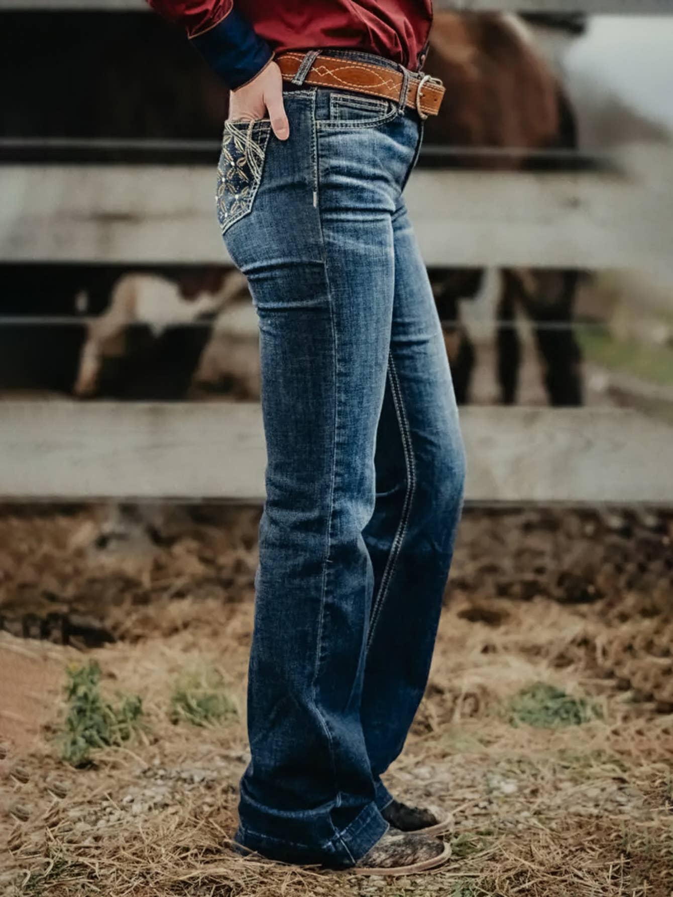 Women's Stretch Flare Jeans Embroidered Boho Denim Pants, : Blue / Contemporary / M
