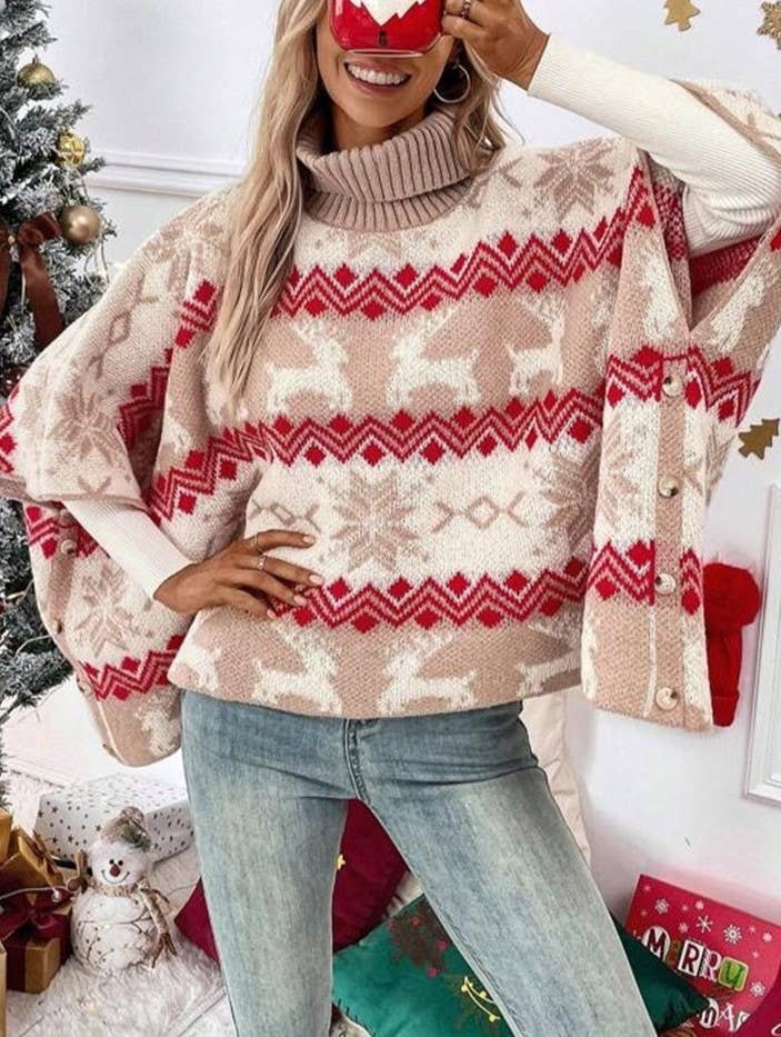 High-Neck Christmas Elk Bat-Sleeve Knitted Sweater: Apricot / M