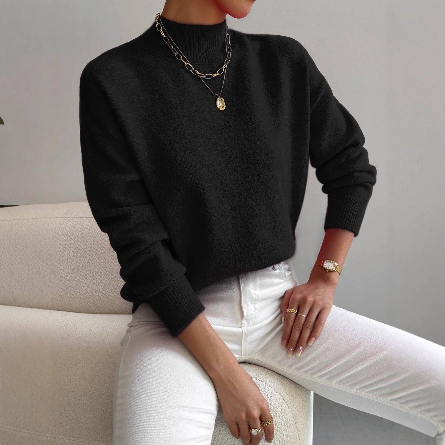 Women Mock Neck Long Sleeve Knit Sweater: Apricot / S