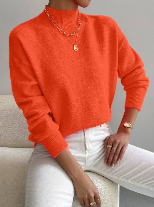 Women Mock Neck Long Sleeve Knit Sweater: Apricot / S