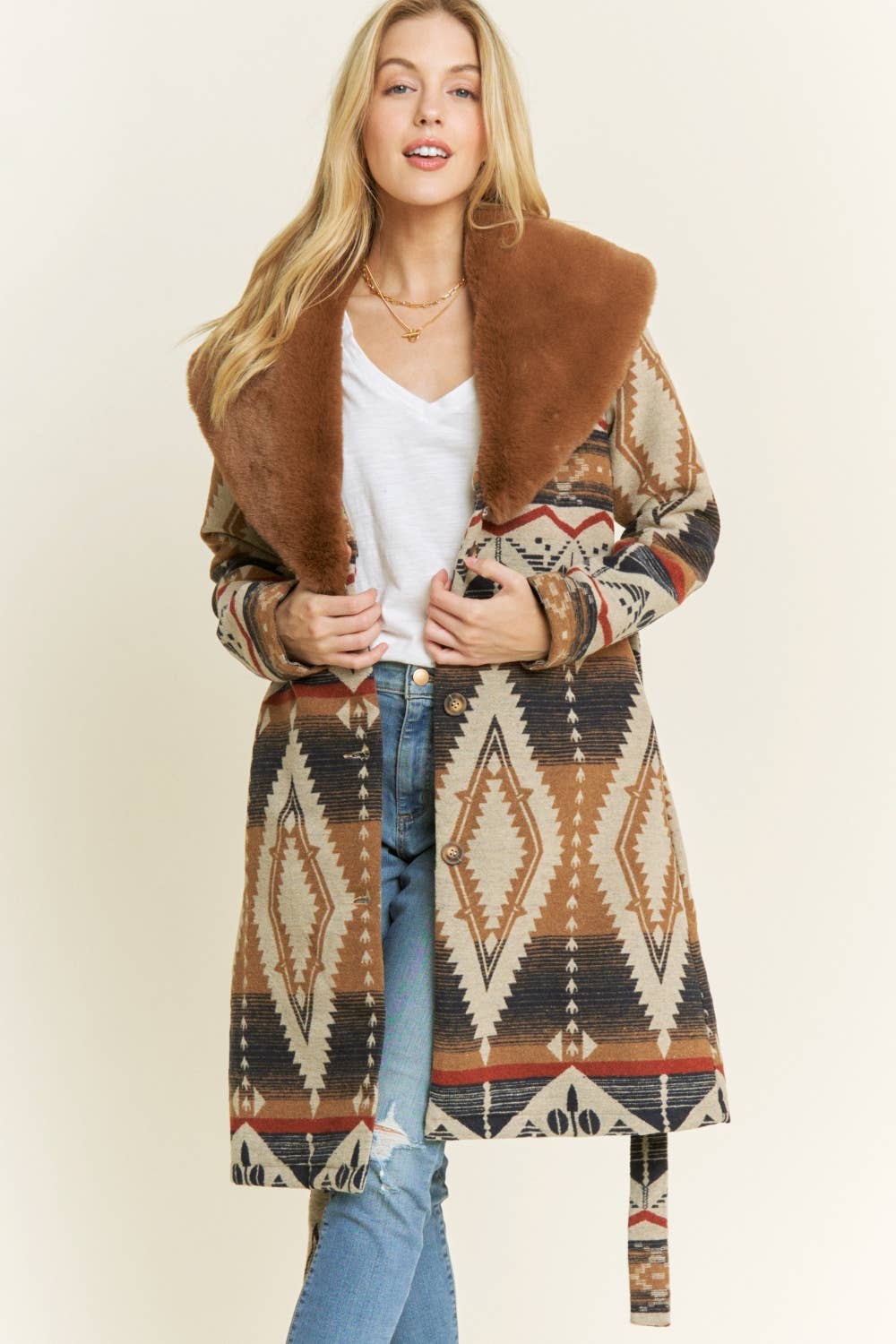 AZTEC JACKET SHACKET WITH CONTRAST FUR SHOWL COLLA: Navy / S-M-L(2-2-2)