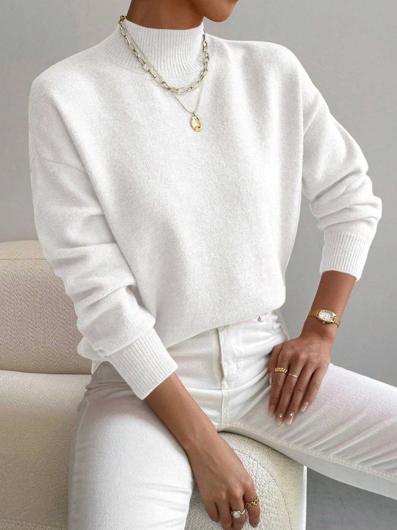 Women Mock Neck Long Sleeve Knit Sweater: Apricot / S