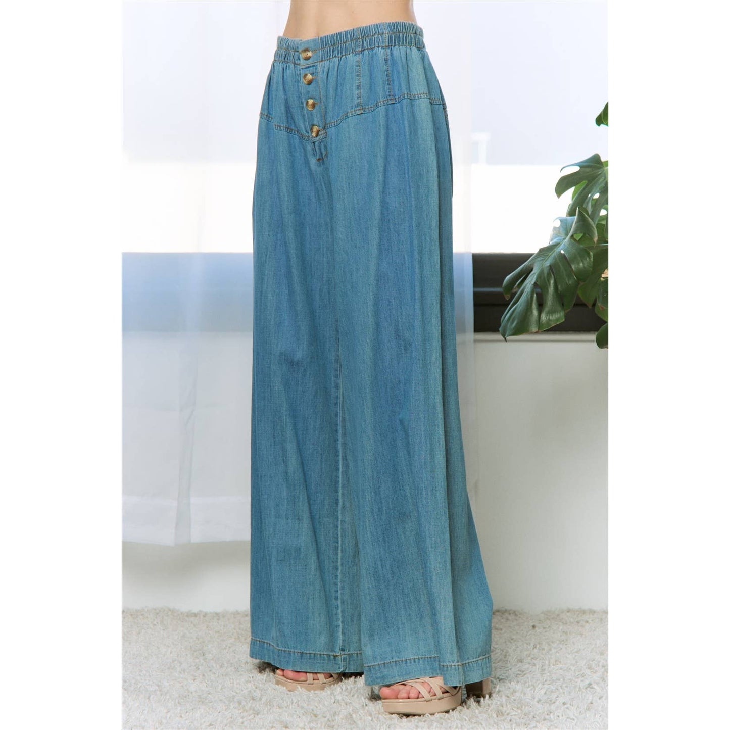 HIGH RISE BUTTON FRONT WIDE LEG PANTS: Medium Denim / S-M-L(2-2-2)