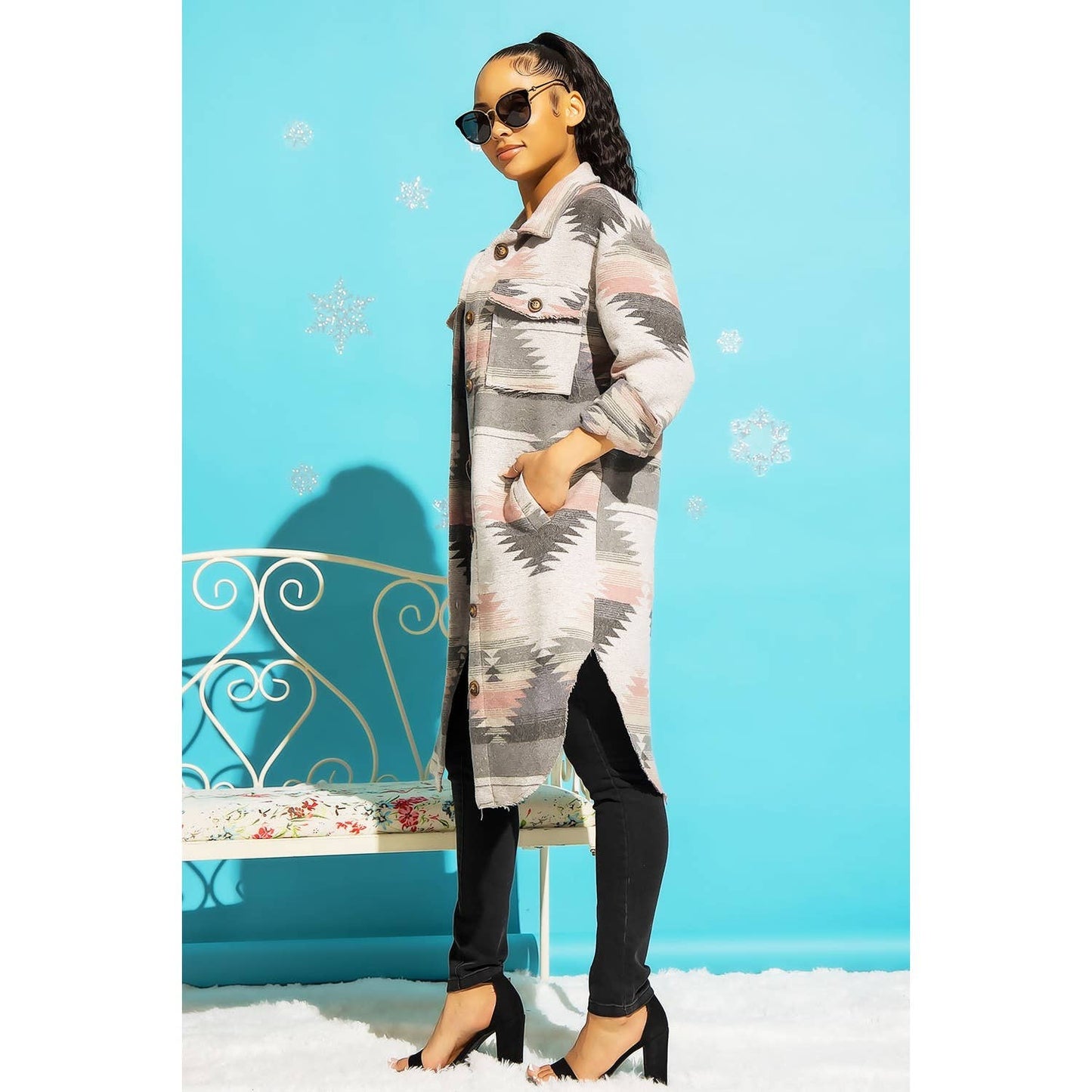 LONG TRIBAL AZTEC BUTTON DOWN SHIRT JACKET SHACKET: Rust / Turquoise / S-M-L(2-2-2)