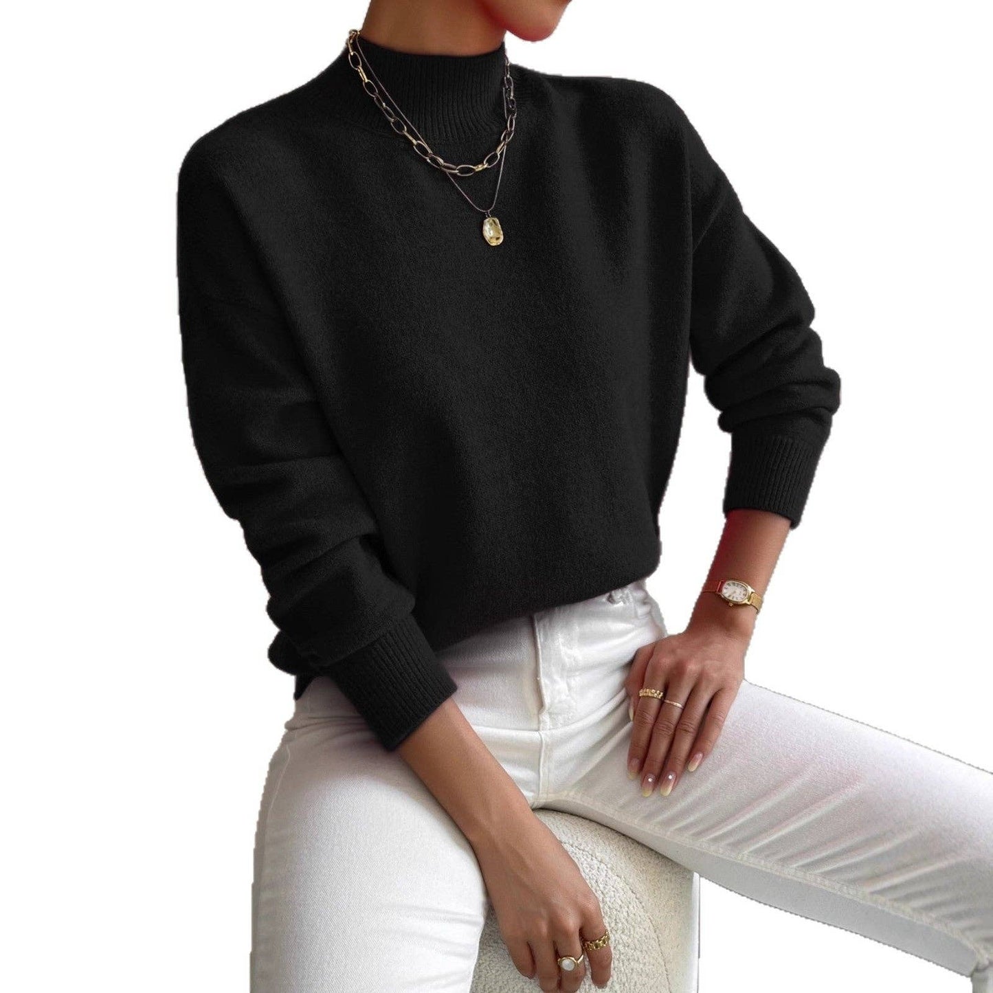 Women Mock Neck Long Sleeve Knit Sweater: Apricot / L