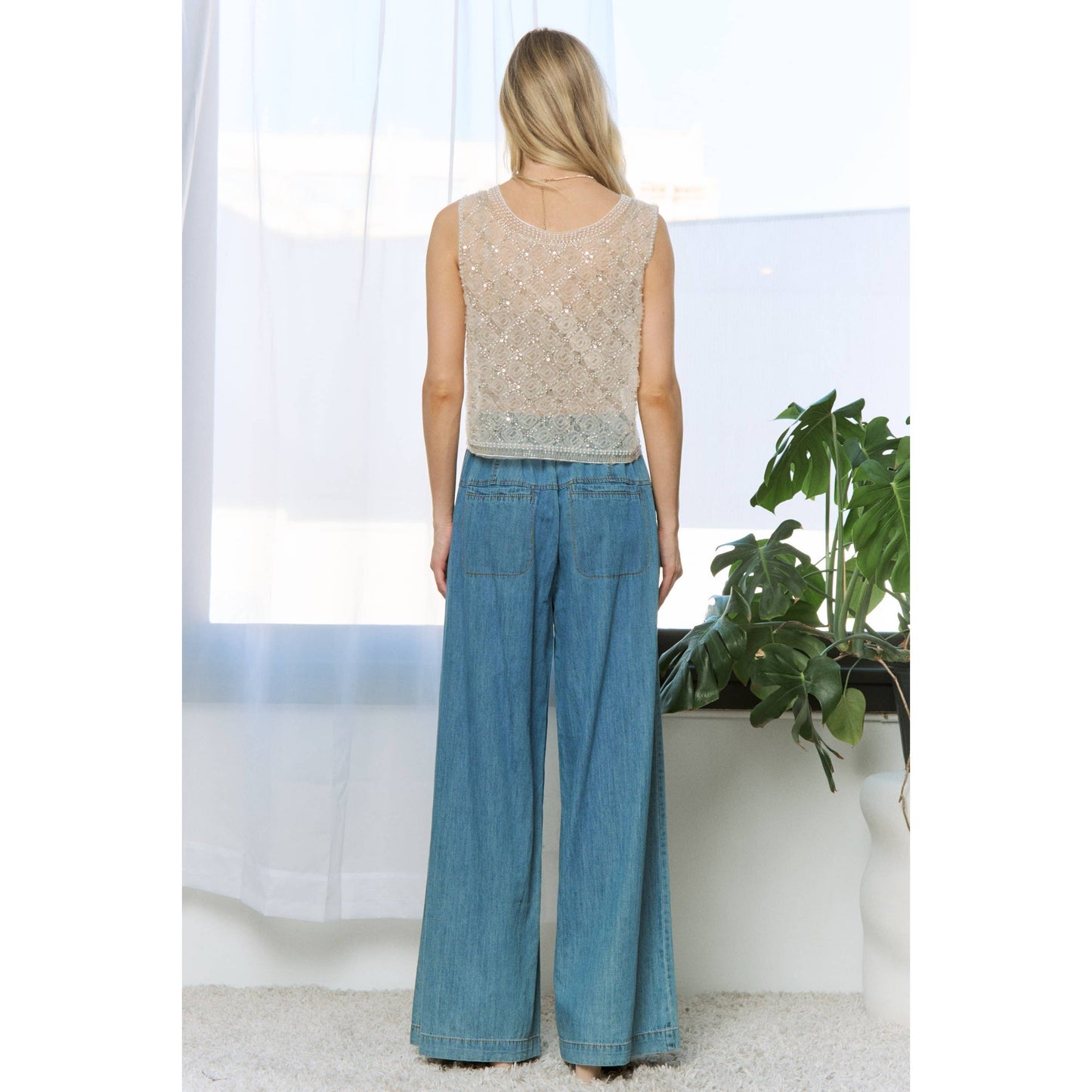 HIGH RISE BUTTON FRONT WIDE LEG PANTS: Medium Denim / S-M-L(2-2-2)