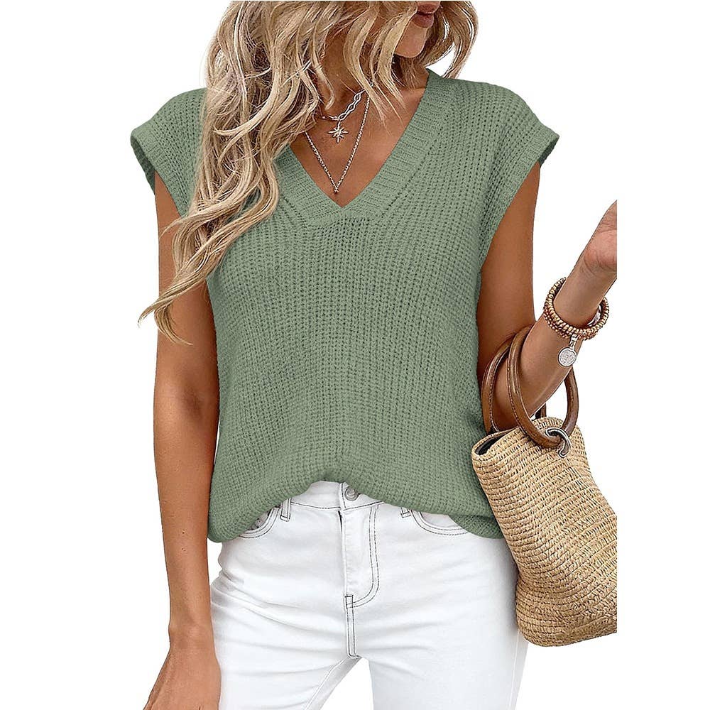 Slouchy V-Neck Casual Chunky Knit Top: Coffee / XL