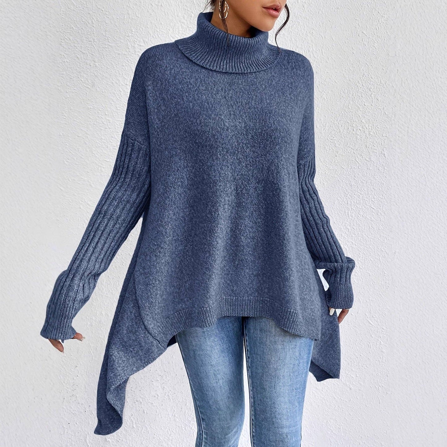 Oversized High Neck Chunky Knit Sweater Coat: Navy blue / S