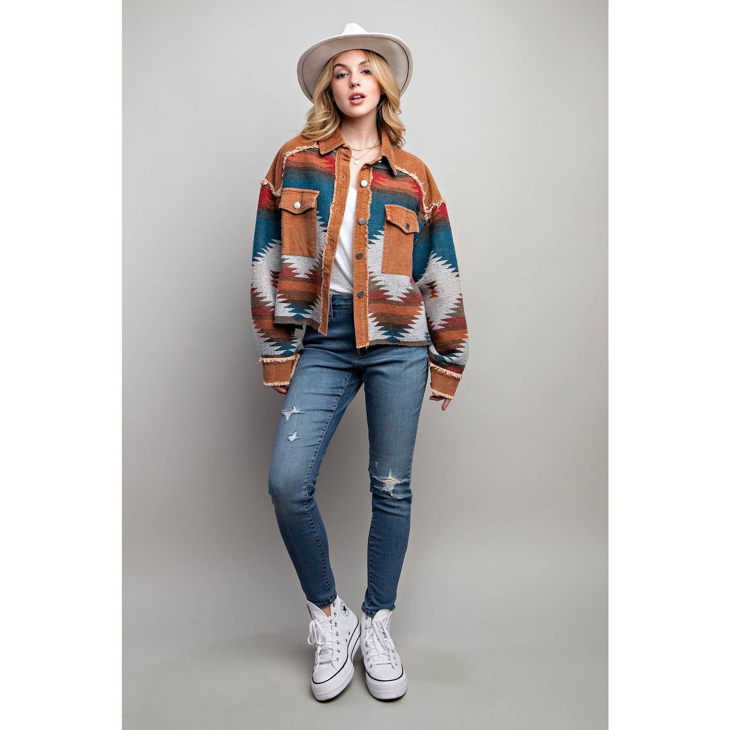 TRIBAL AZTEC PATTERN COLORBLOCK BUTTON DOWN SHIRT JACKET: Grey / S-M-L(2-2-2)