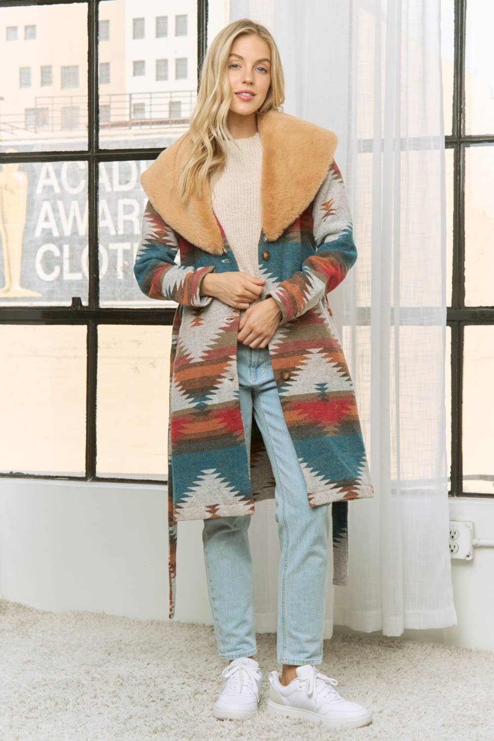 AZTEC JACKET SHACKET WITH CONTRAST FUR SHOWL COLLA: Navy / S-M-L(2-2-2)