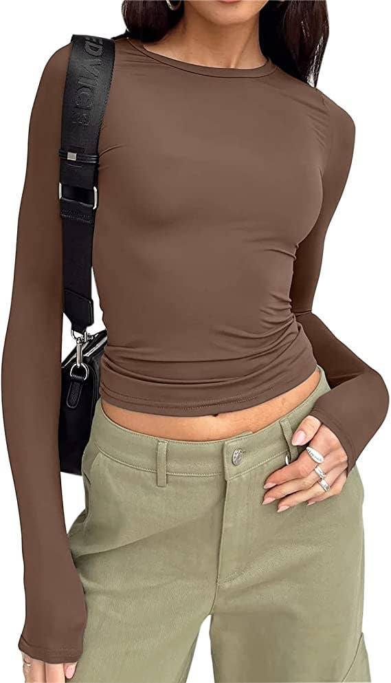 Basic Plain Color Slim Fit Pullover T-Shirt: Brown_L / L