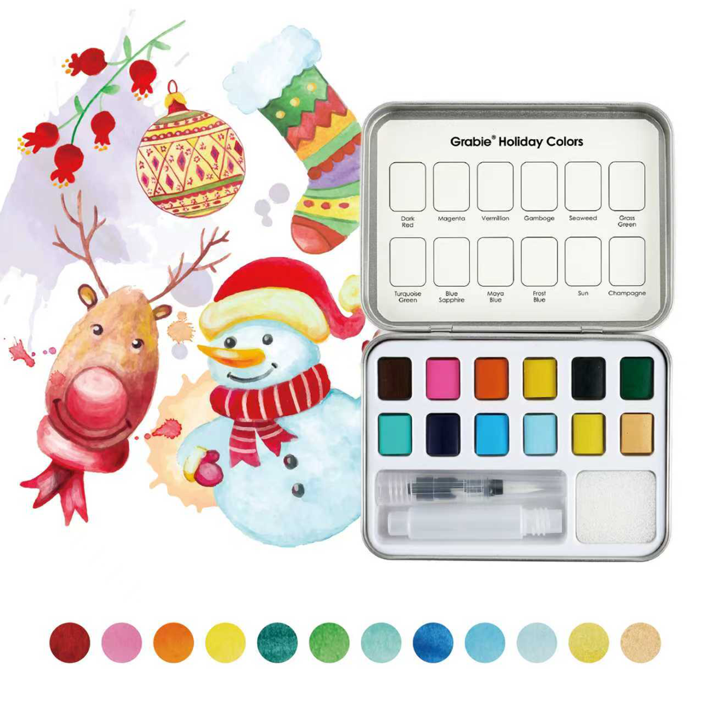 Watercolor Pocket Set Of 12 With Brush - Holiday Colors