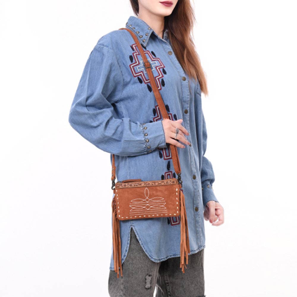 ADBG1662 American Darling Western Genuine Suede Leather Small Cross Body Bag with & Hand-Tooled Accents: ADBG1662