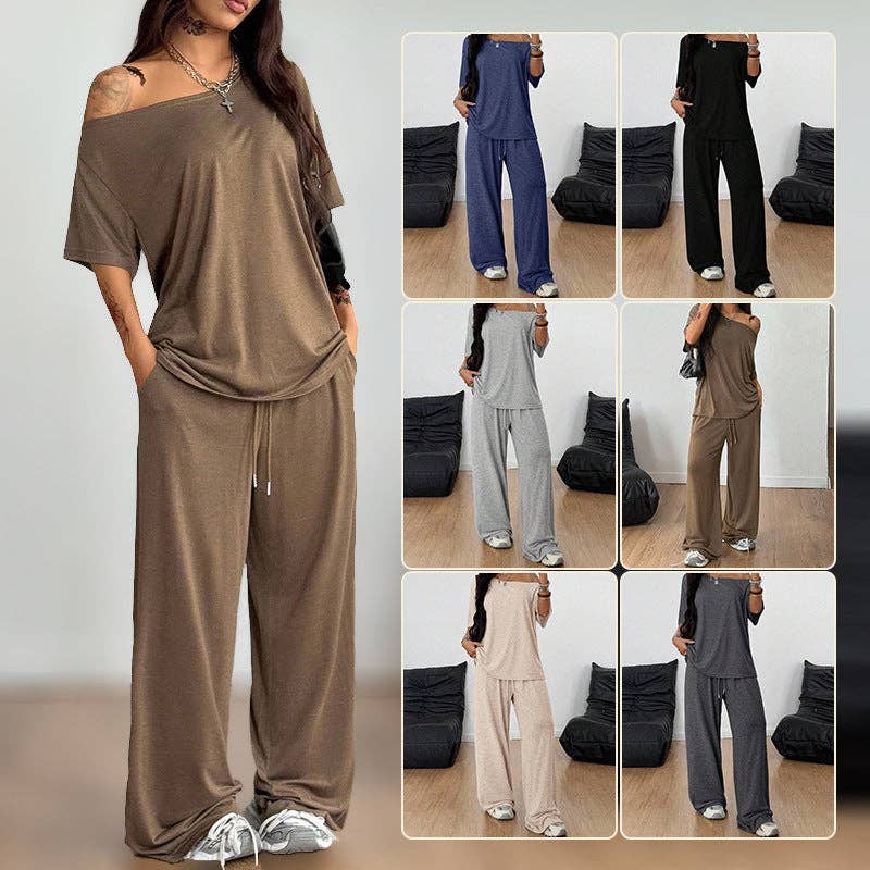 Asymmetric Neck Wide Leg Sportswear Two Piece Set: Dark gray / XL