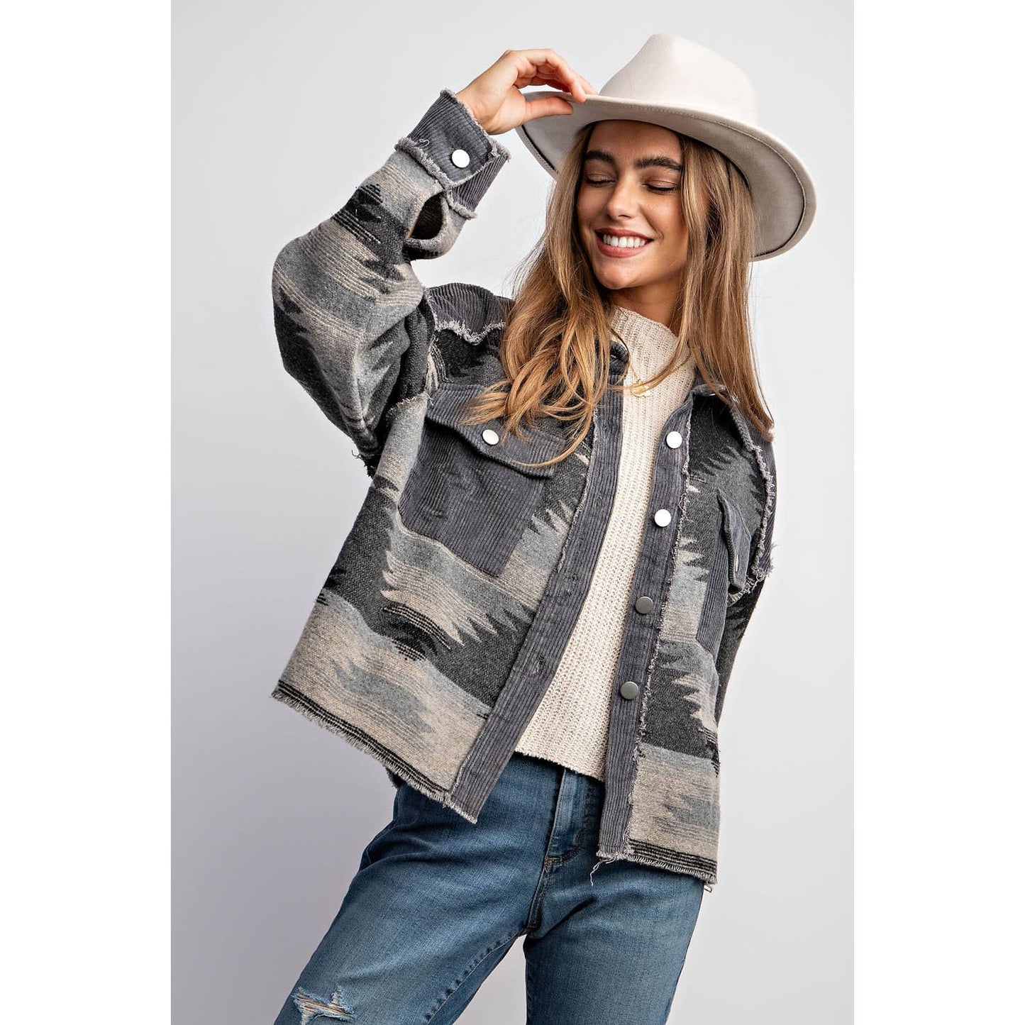 TRIBAL AZTEC PATTERN COLORBLOCK BUTTON DOWN SHIRT JACKET: Grey / S-M-L(2-2-2)