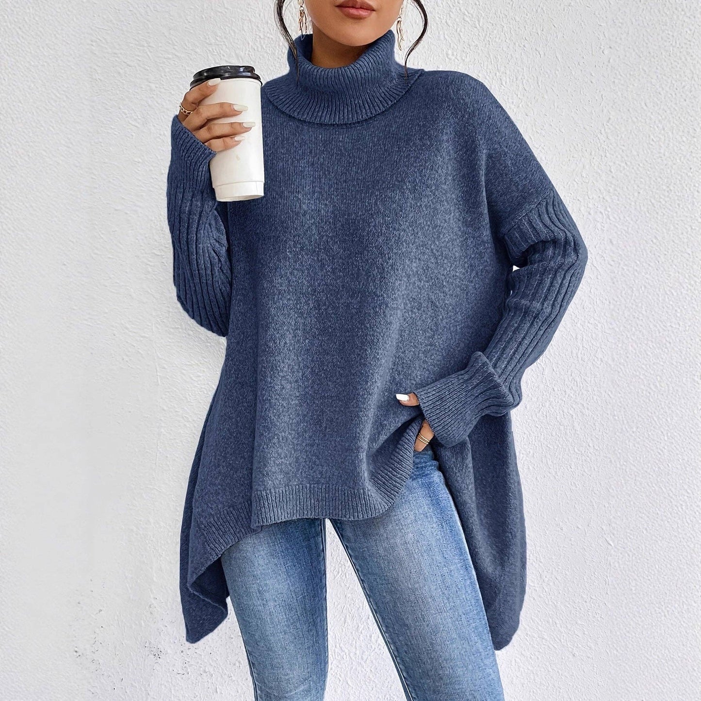 Oversized High Neck Chunky Knit Sweater Coat: Navy blue / S