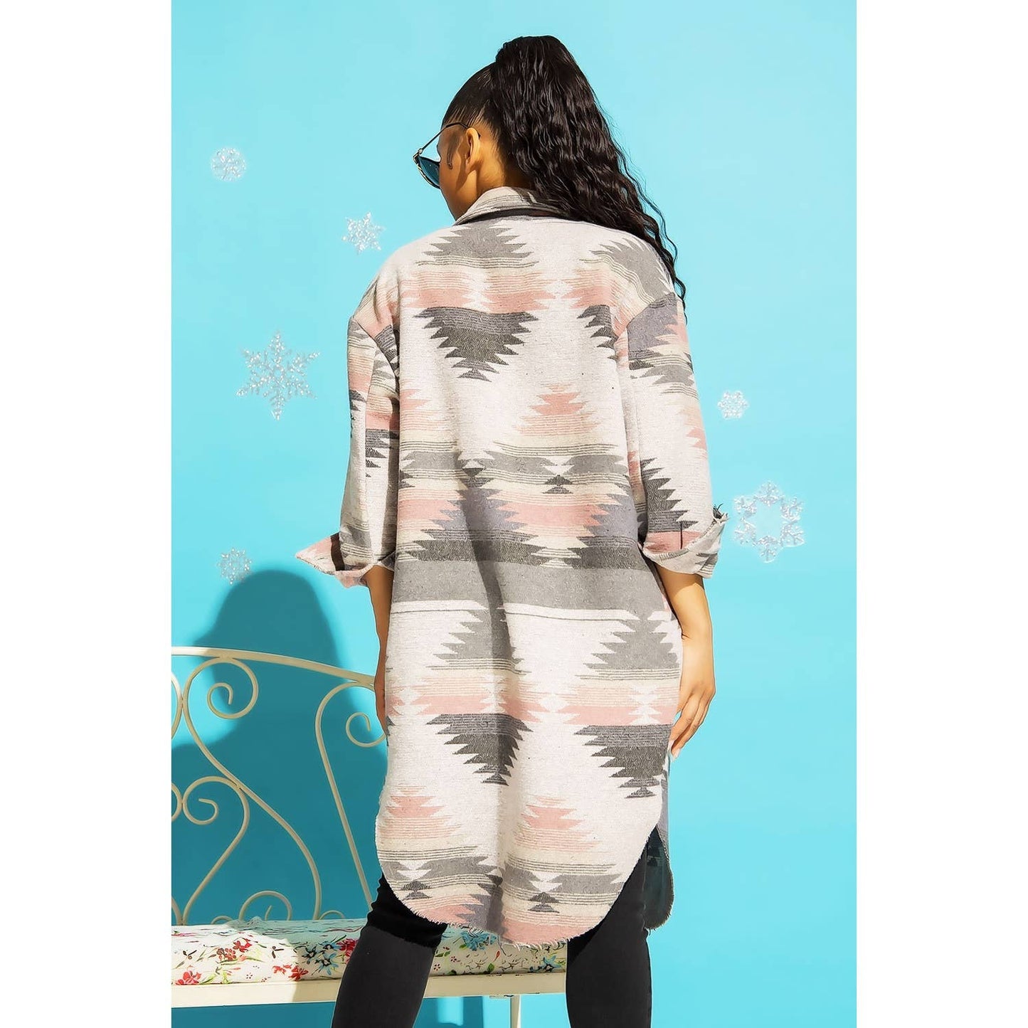 LONG TRIBAL AZTEC BUTTON DOWN SHIRT JACKET SHACKET: Rust / Turquoise / S-M-L(2-2-2)