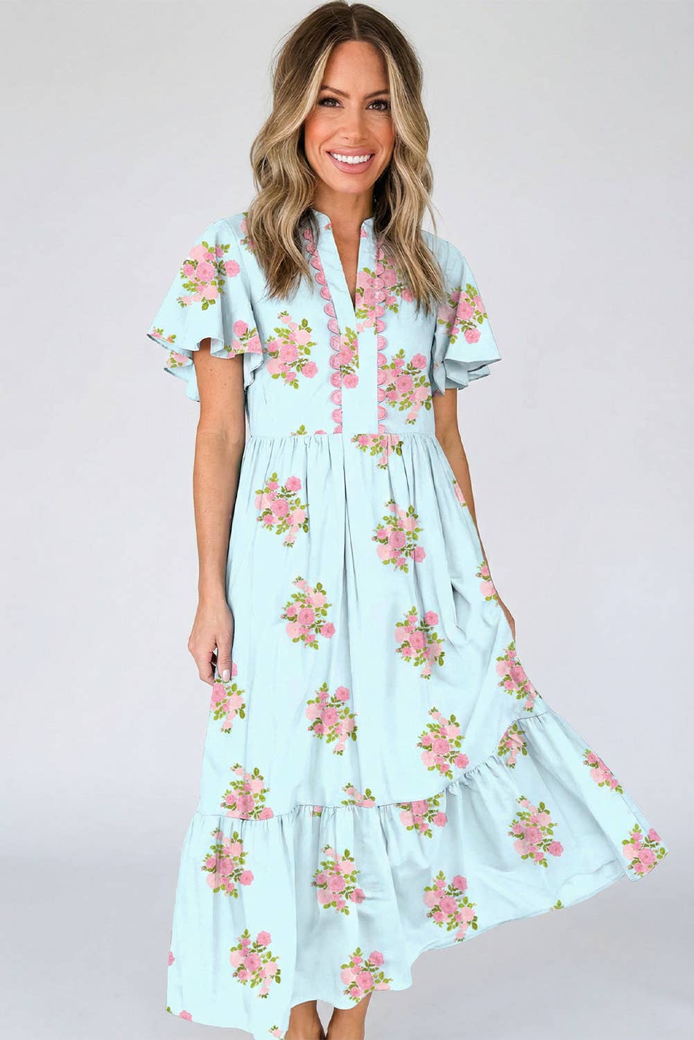 Floral Print V Neck Flutter Short Sleeve Maxi Dress | S-XL: Sky Blue / XL
