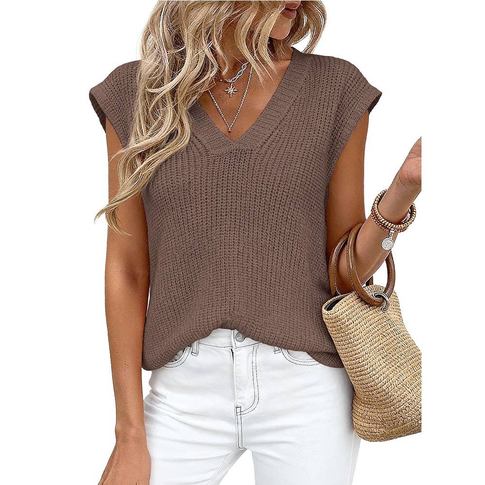 Slouchy V-Neck Casual Chunky Knit Top: Coffee / L
