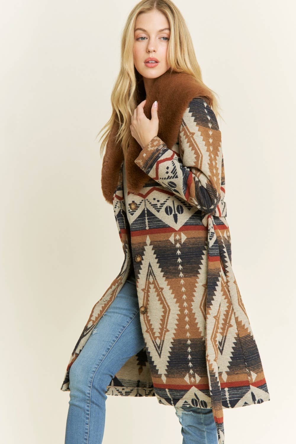 AZTEC JACKET SHACKET WITH CONTRAST FUR SHOWL COLLA: Navy / S-M-L(2-2-2)